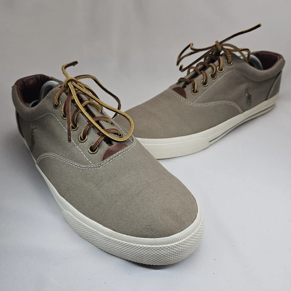 Polo Ralph Lauren Vaughn Canvas Sneakers Men's 11.5D Beige Brown Leather Lace Up